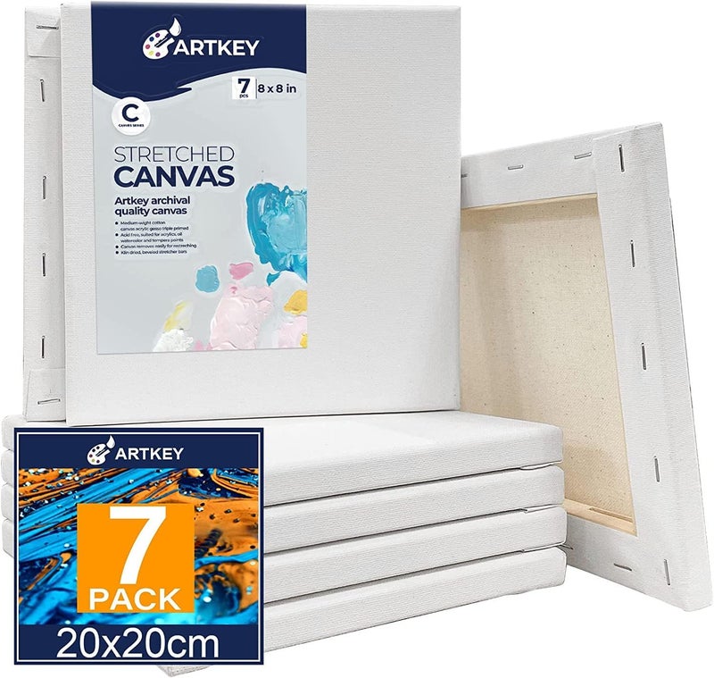 Artkey Stretched Canvases for Painting 8x8 Inch 7-Pack, 10 oz Triple Primed Acid-Free 100% Cotton Blank Canvas, Square Canvas for Oil Paint Acrylics Pouring & Wet Art Media, Pour Painting - Image 1